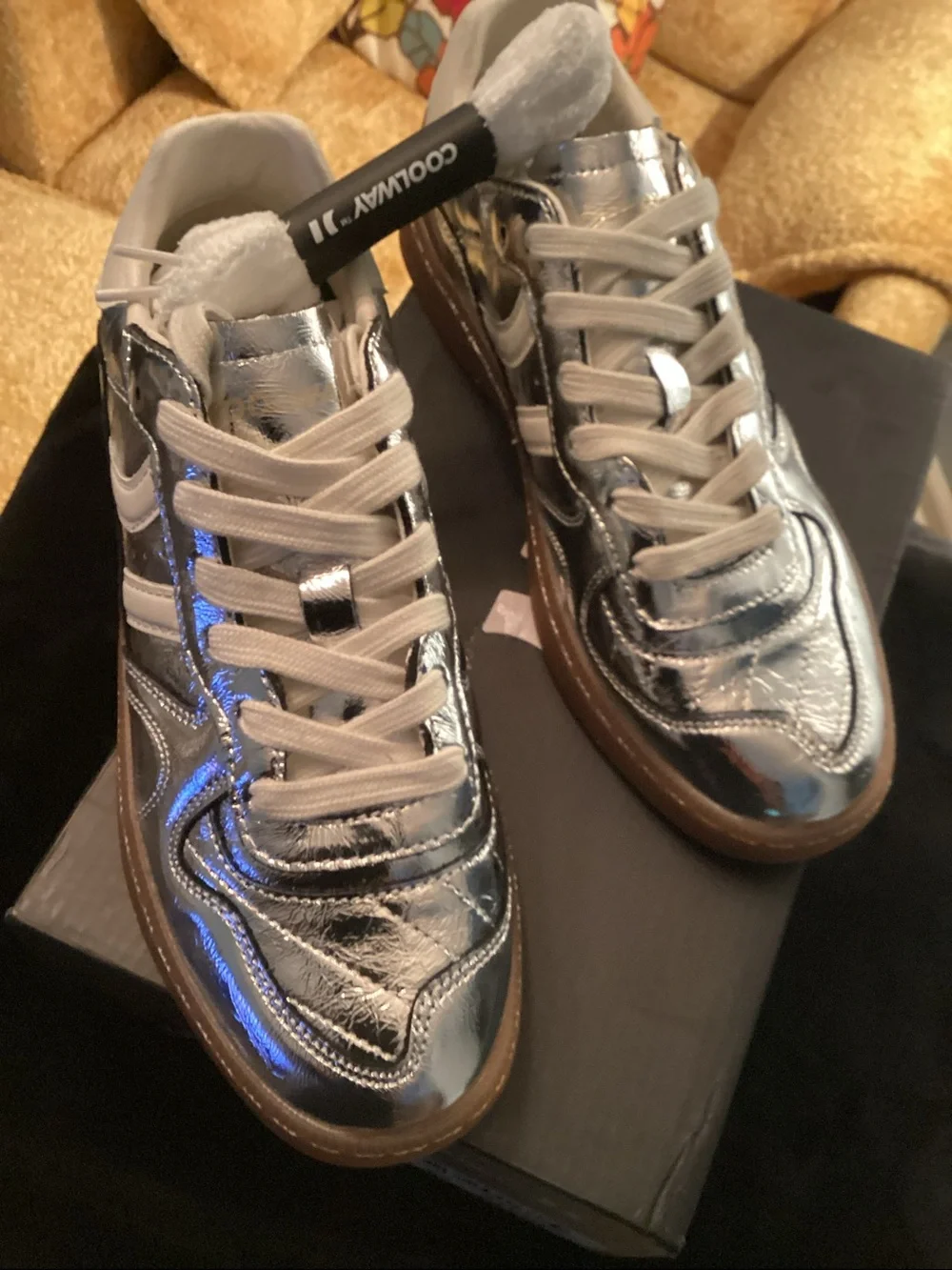 Coolway Kids Shiny Silver Lace-Up Sneakers with Gum Outsole